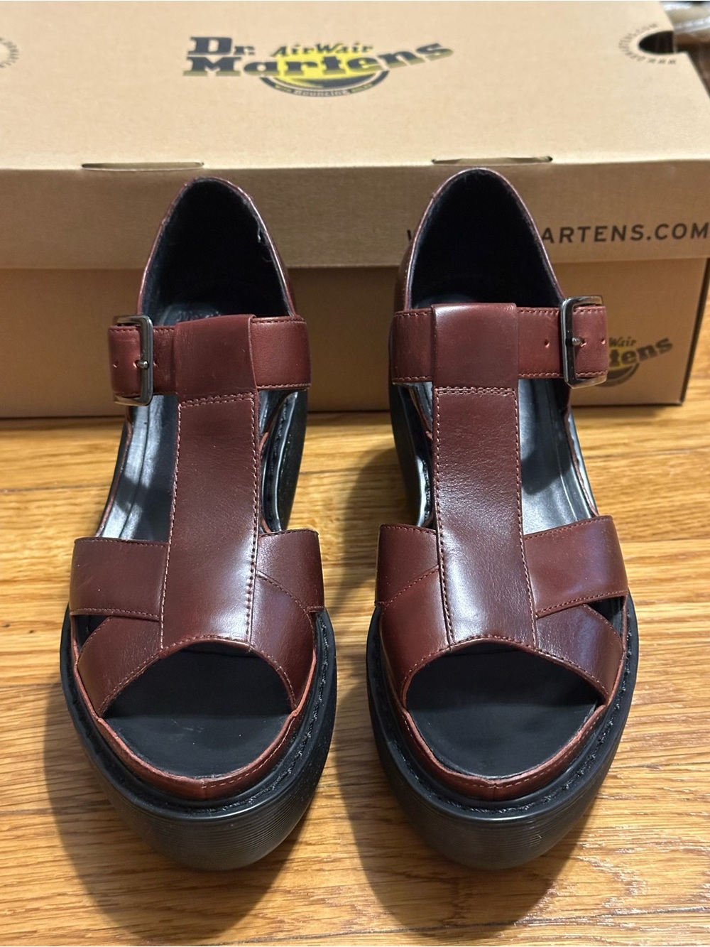 Dr. Martens Adaya Burgundy Leather Platform Wedge Ankle Strap Sandals